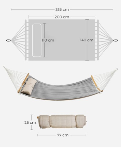 Гамак Songmics с перекладиной, серый и бежевый, 225 кг, 335 х 140