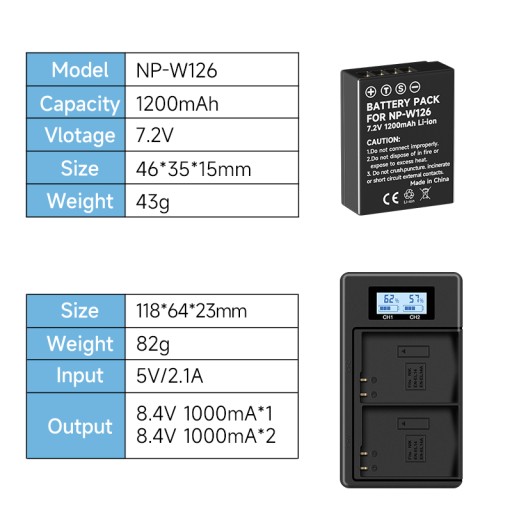 2 шт. Аккумулятор NP-W126S NP W126 с зарядным устройством d