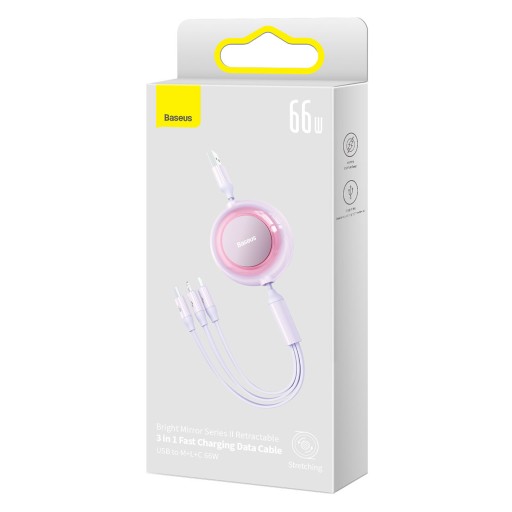 Втягивающийся кабель 3в1 USB microUSB + iPhone Lightning + USB-C 66Вт 1,1м