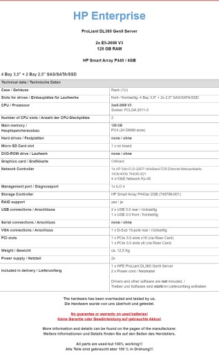 Сервер HP Enterprise ProLiant DL360 G9 2xE5-2698 V3, 128 ГБ, 4 отсека, 3,5 большого форм-фактора + 2