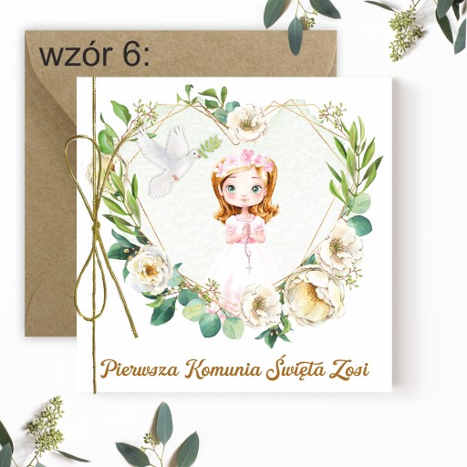 Zaproszenia na komunię + imię + koperta + sznurek