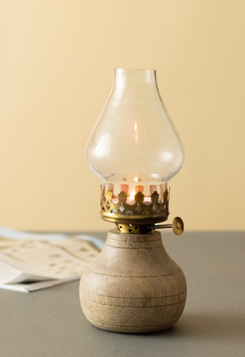 ŚWIECZNIK tealight DREWNIANY W KSZTAŁCIE LAMPY NAFTOWEJ imitacja wys. 22cm