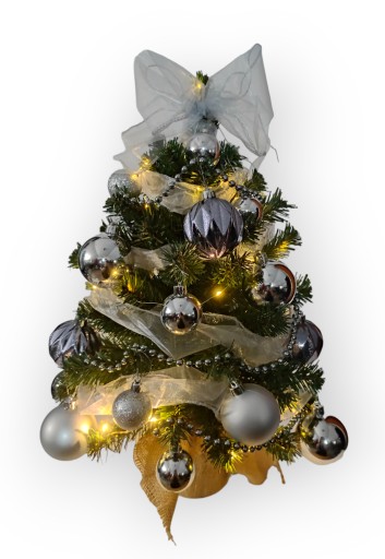Елка маленькая 50 см с украшениями, серебро DECORATIONS, готовая, LED, нарядная, ХИТ