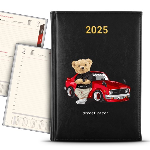 KALENDARZ 2025 CZARNY Planer Terminarz Roczny Wyścigi Samochody Wzory