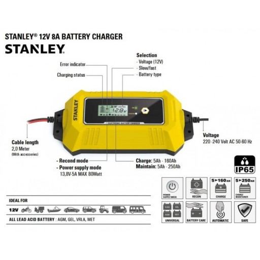 АВТОМАТИЧЕСКИЙ ИНТЕЛЛЕКТУАЛЬНЫЙ ВЫПРЯМИТЕЛЬ STANLEY 8А 6В 12В 5-250Ач AGM ГЕЛЬ ГЕЛЬ