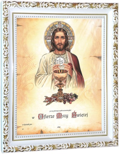 Pamiątka Pierwszej Komunii Św. - śliczna szeroka biało złota rama