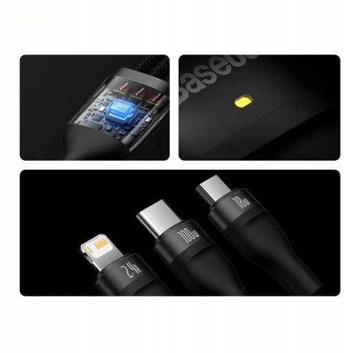 КАБЕЛЬ BASEUS FLASH SERIES II STRONG 3В1 USB C/IPHONE/MICRO 100ВТ 1,2М ЧЕРНЫЙ