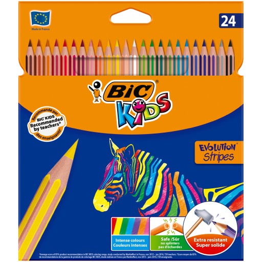 КАРАНДАШИ BIC KIDS EVOLUTION STRIPES БЕЗДРЕВЕСНЫЕ КАРАНДАШИ, 24 ЦВЕТА ДЛЯ ДЕТЕЙ