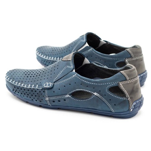 Buty męskie mokasyny skórzane na lato ażurowe POLSKIE 901 granatowe 40