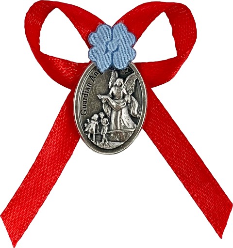КРАСНЫЙ БАНТ ДЛЯ ДЕТСКОЙ КОЛЯСКИ, МЕДАЛЬ АНГЕЛА-ХРАНИТЕЛЯ ДЛЯ МАЛЬЧИКА