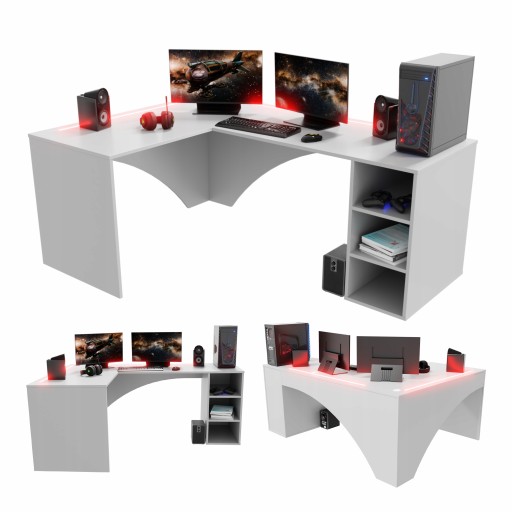 Угловой компьютерный стол Gamer, большой, белый, со светодиодной подсветкой