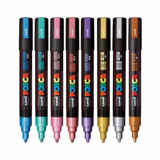 Маркеры UNI POSCA 5M с плакатной краской - Цвета Металлик НАБОР из 8 шт.