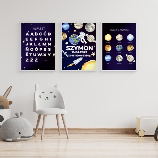 Plakat A4 imię dziecka metryczka kosmos planety