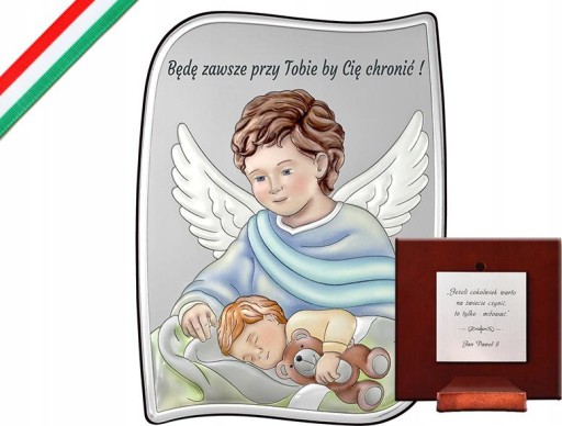 Srebrny kolorowy obraz z Aniołem 7,5x10cm chrzest prezent Chrzest Komunia