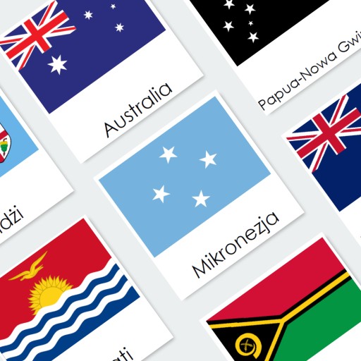 KARTY trójdzielne Montessori - FLAGI PAŃSTW AUSTRALII I OCEANII - 14 kart