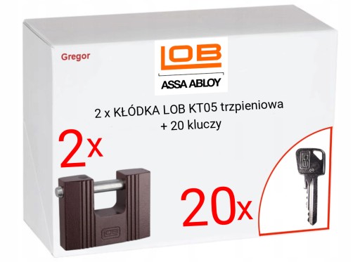 .20 KLUCZY. 2 x kłódka LOB KT05 trzpień ANTYWŁAMANIOWA systemowa +20 kluczy