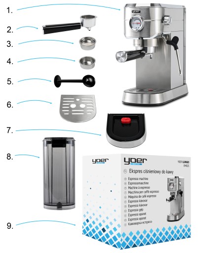 Кофемашина Yoer INOX с напорным фильтром 1,2 л 20 бар 1450 Вт + БАРОМЕТР
