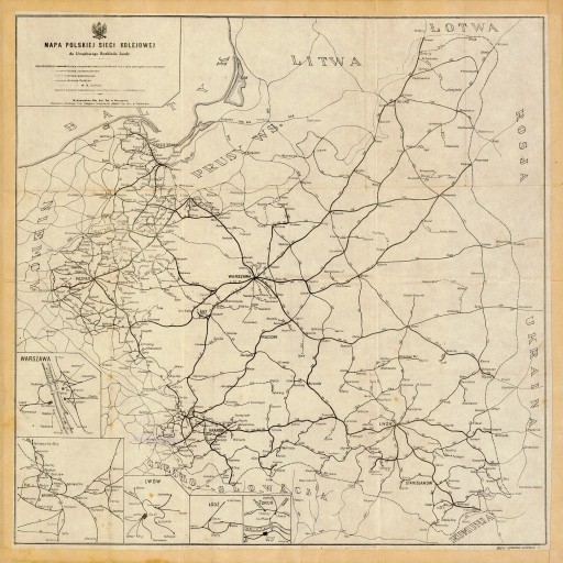 Stara Mapa polskiej sieci kolejowej 1921r. 90x90cm