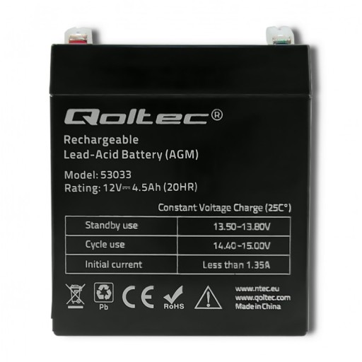 Аккумулятор QOLTEC AGM | 12 В | 4,5 Ач | макс.1,35А