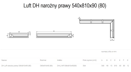 KRATKA KOMINKOWA LUFT NAROŻNY PRAWY 540x810x90 (80