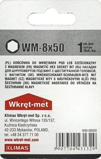 Бита с магнитным наконечником, шестигранная головка, 8х50мм KLIMAS