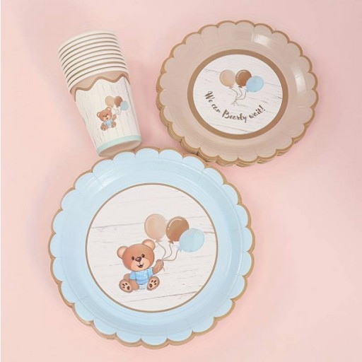 КРУЖКИ И ТАРЕЛКИ 30 ЭЛЕМЕНТОВ BOHO BEARS BLUE BEIGE BABY SHOWER