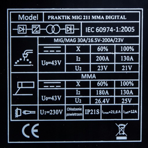 ПОЛУАВТОМАТИЧЕСКИЙ СВАРОЧНЫЙ АППАРАТ IDEAL PRAKTIK MIG 211 IGBT MMA FLUX 230В 200А 3В1