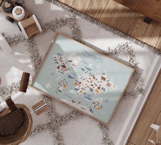 Plakat 40x50 cm Mapa Świata Zwierzęta Błękit Niebieska Mapa dla dzieci