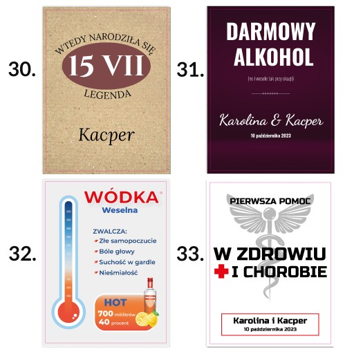 Etykiety na wódkę Weselną SWÓJ NAPIS śmieszne x10