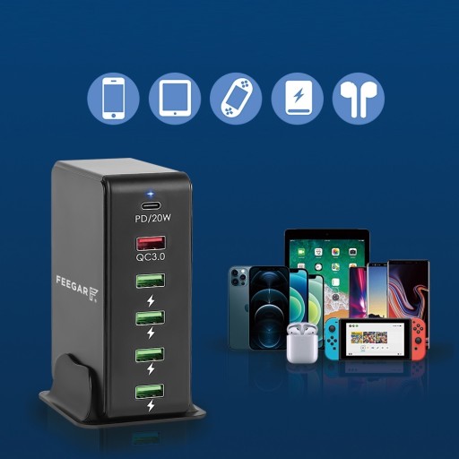 Сетевое зарядное устройство Feegar мощностью 86 Вт, 5x USB, 1 x Type-C PD