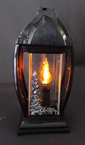 Unikatowy czarny znicz kapliczka lampion szklany ze srebrnym dekorem 33cm