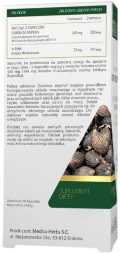 Medica Herbs SAW PALMETTO Palma SABAŁOWA Prostata Kwasy tłuszczowe 160mg