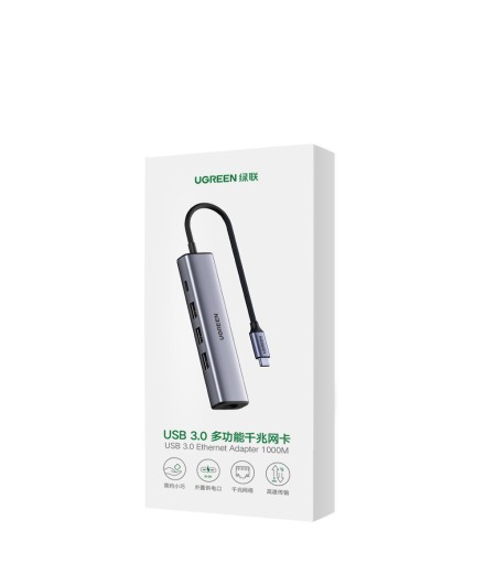 АДАПТЕР-ХАБ UGREEN 5 В 1 USB-C 3XUSB-A 3.0 RJ45 ETHERNET 1000 МБ/С ГИГАБИТ
