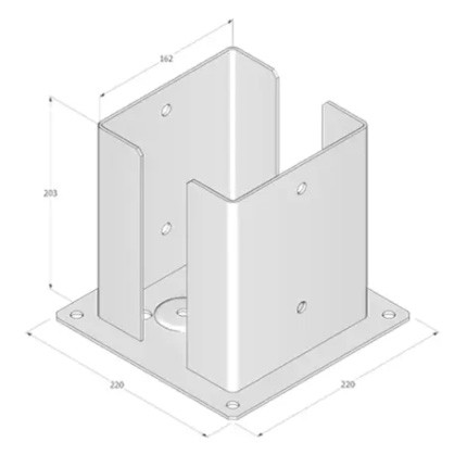 Основание деревянного столба, прикрученное к бетону, ножка кронштейна 160x160 мм.