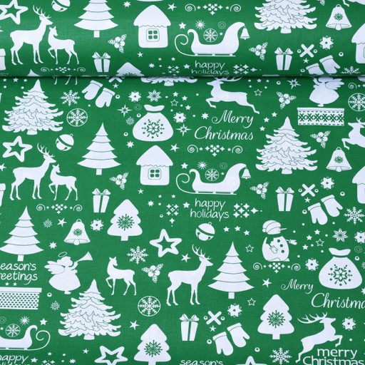 Tkanina świąteczna Christmas na zielonym tle wz733