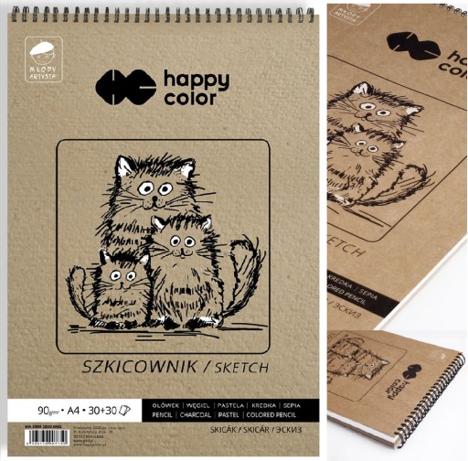Блокнот для рисования на спирали А4, альбом для рисования Happy Color, 90 г / 60 листов