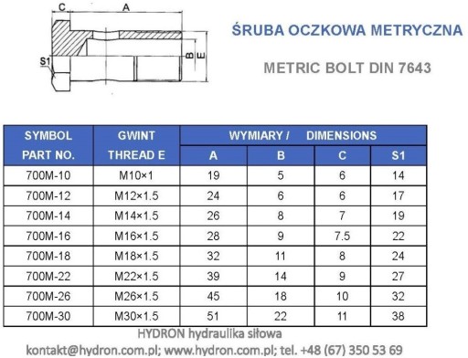 Śruba oczkowa P01 gwint M16x1,5