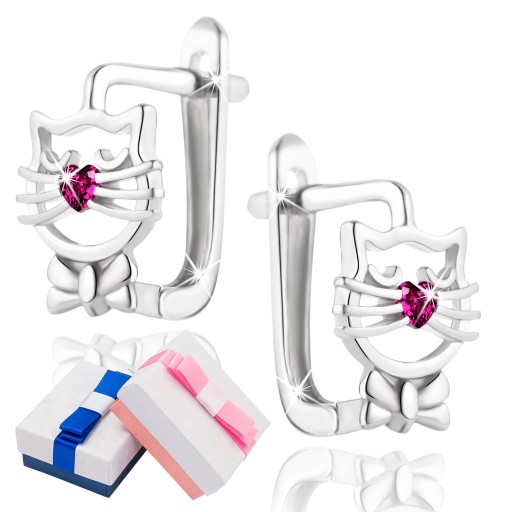 СЕРЕБРЯНЫЕ СЕРЬГИ 925 ПРОБЫ ДЛЯ ДЕВОЧКИ, КОШАЧЬЕ СЕРДЦЕ
