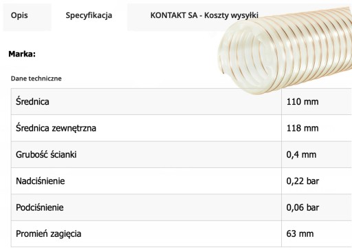 Wąż odciągowy spiralnie zbrojony P2 PU 110mm 5 metrów