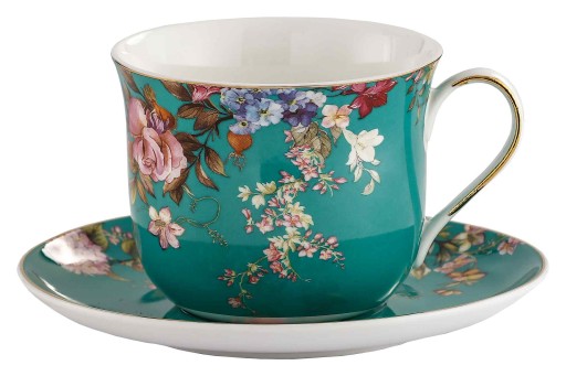Filiżanka Spodek Porcelana 400ml zielona w kolorowe kwiaty 1szt z pudełkiem