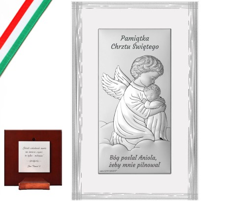 Srebrny prostokątny obraz z aniołem stróżem 9x15,5cm prezent na chrzest