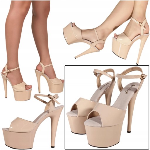 SANDAŁY DAMSKIE NA PLATFORMIE BEŻOWE SZPILKI SEKSOWNE SANDAŁKI SexyHeels 37