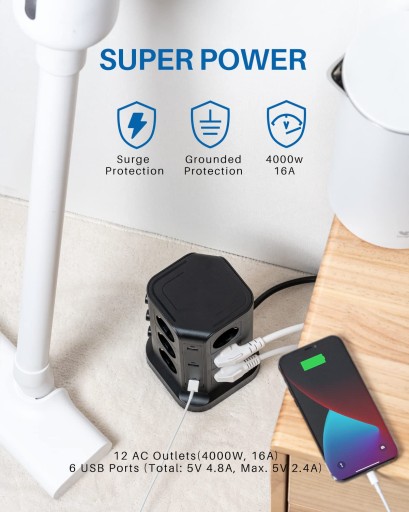 Удлинитель Power Strip 18in1 Tower с 12 розетками и 6 USB, 2м