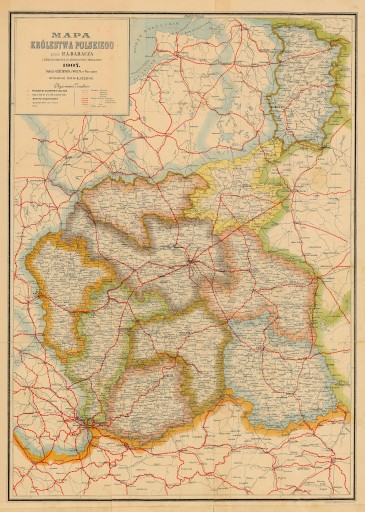 Старая карта королевства польских железных дорог, избитый, 1907 120x90 см.