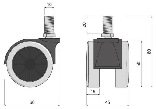 РЕЗИНОВОЕ МЕБЕЛЬНОЕ КОЛЕСО С РЕЗЬБОЙ FI50/10 X4