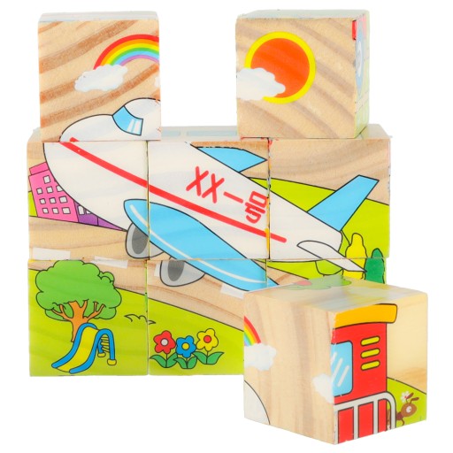 KLOCKI DREWNIANE UKŁADANKA EDUKACYJNE PUZZLE KOSTKI POJAZDY 6W1 ZESTAW 9EL.
