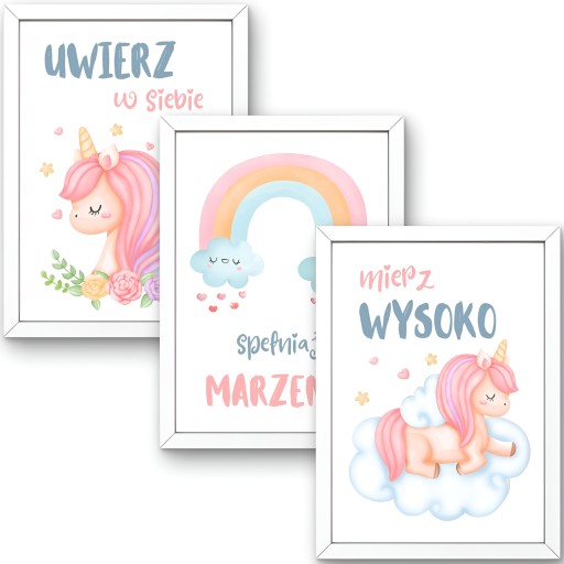 OBRAZKI DO POKOJU DZIEWCZYNKI ZESTAW 3 PLAKATY A3 JEDNOROŻEC MOTYWACYJNE