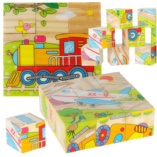KLOCKI DREWNIANE UKŁADANKA EDUKACYJNE PUZZLE KOSTKI POJAZDY 6W1 ZESTAW 9EL.