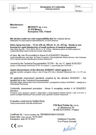 VELOX 1L MEDISEPT PŁYN ODKAŻAJĄCY ZE SPRYSKIWACZEM DEZYNFEKCJA POWIERZCHNI