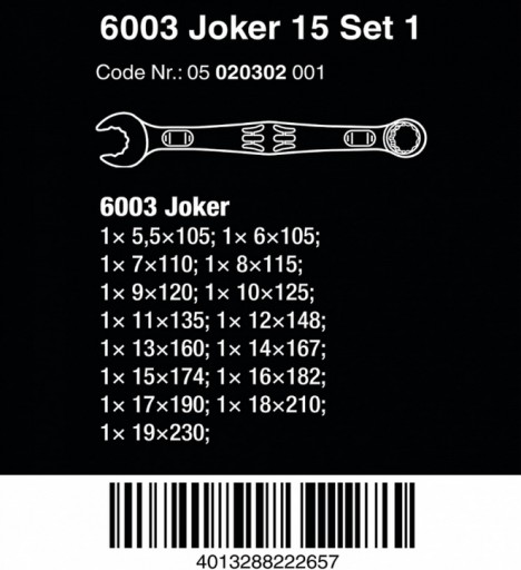 WERA, набор из 15 плоско-кольцевых ключей Joker 6003